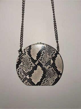 Snake Print Round Crossbody Bag | Chain Strap | Black & Cream